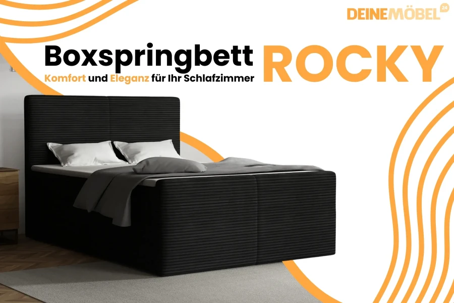 Schwarzes Boxspringbett Rocky aus Cord-Stoff, elegantes Design für modernen Schlafkomfort.
