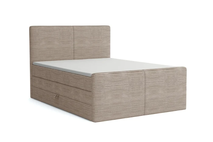 Modernes Boxspringbett aus beigem Cord mit Kopfteil vor weißem Hintergrund.