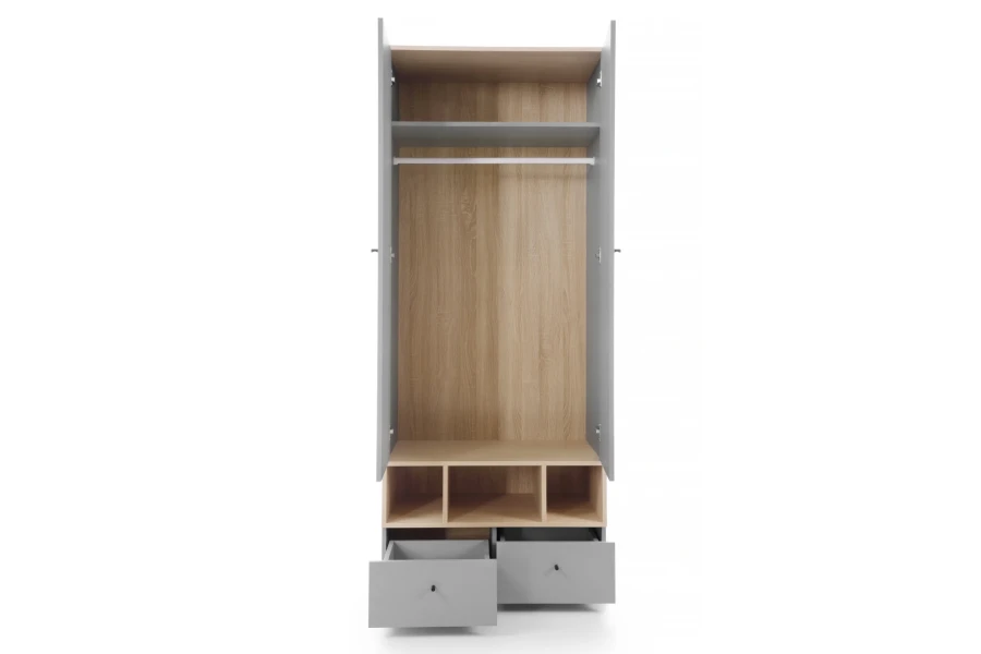 Moderner Kleiderschrank mit zwei Türen, offenen Fächern und ausgezogenen Schubladen.
