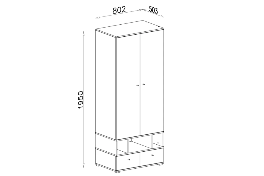 Technische Zeichnung mit Maßen (195x80x50 cm) für einen zweitürigen Kleiderschrank.