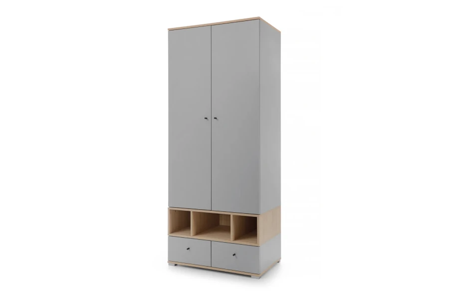 Moderner Kleiderschrank in Grau und Eiche mit zwei Türen, offenen Fächern und Schubladen für das Kinderzimmer.