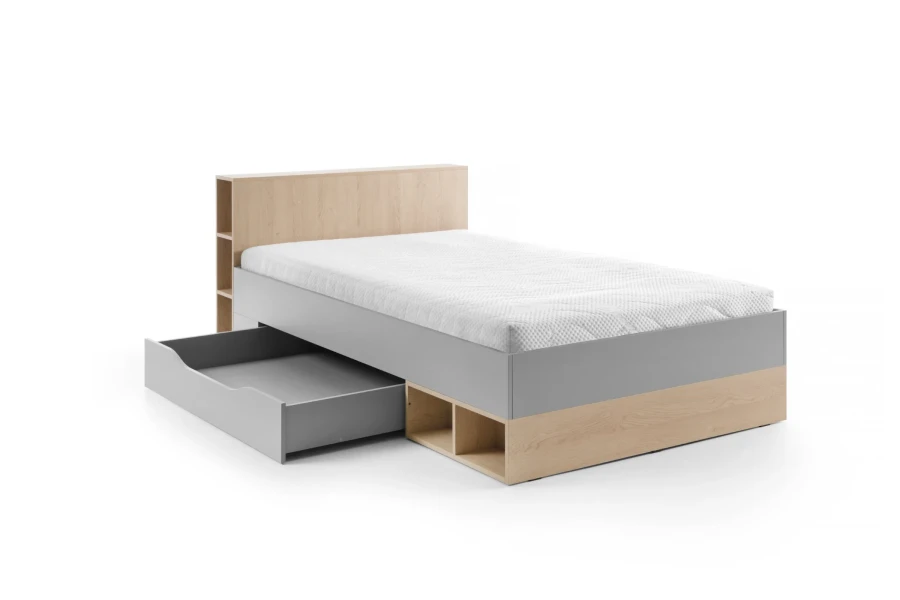 Funktionales Jugendbett mit ausziehbarer Schublade und integrierten Regalfächern am Kopfteil.
