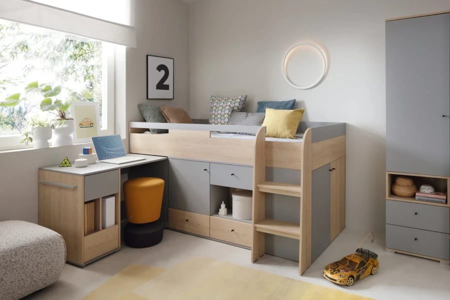 Modernes Kinderzimmer mit Hochbett-Kombination Olaf in Grau und Eiche-Nachbildung.