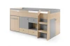 Modernes Kinderhochbett in Eiche-Nachbildung und Grau mit integriertem Stauraum.