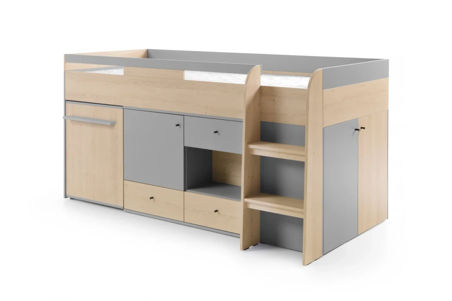 Modernes Kinderhochbett in Eiche-Nachbildung und Grau mit integriertem Stauraum.