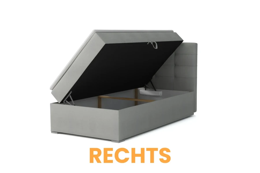 Hellgraues Bett mit rechts öffnendem Bettkasten, funktionelles Einzelbett mit Stauraum.