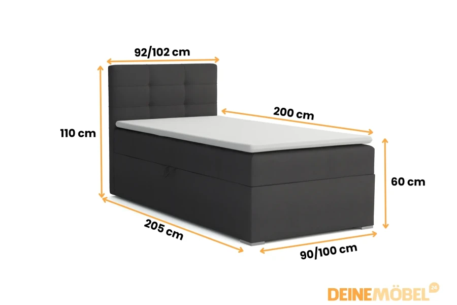 Maße für ein Boxspring-Einzelbett: 90/100x200 cm Liegefläche mit 110 cm hohem Kopfteil.