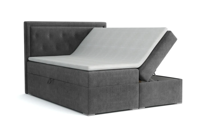 Graues Boxspringbett mit Bettkasten: Seitlich aufklappbare Liegefläche für praktischen Stauraum.