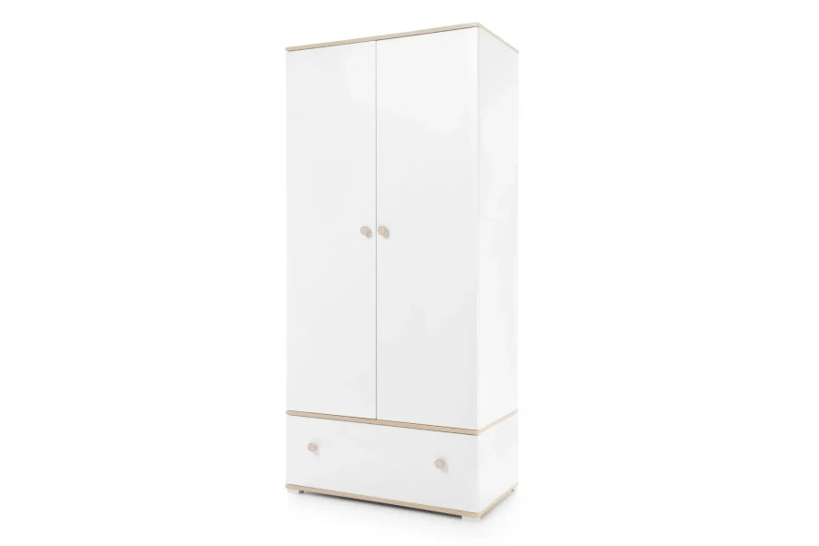 Moderner Kleiderschrank in Weiß mit zwei Türen und einer geräumigen Schublade für das Kinderzimmer.