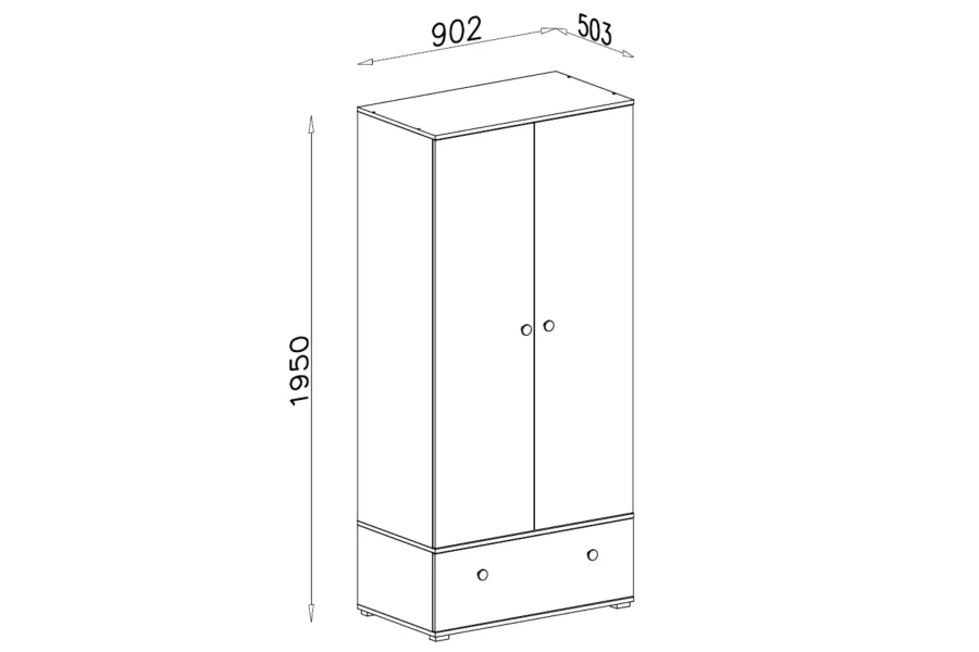 Technische Zeichnung mit Maßen für den Kleiderschrank: 1950 mm Höhe, 902 mm Breite und 503 mm Tiefe.
