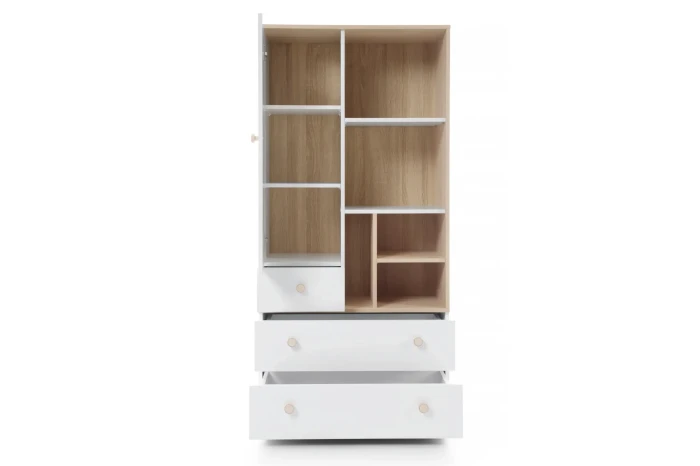 Geöffneter Kinderzimmerschrank mit flexiblen Fächern und Schubladen in Weiß-Eiche-Optik.