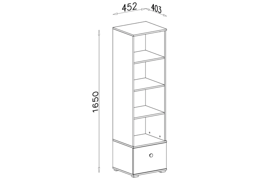 Technische Zeichnung mit Maßen des Regals: 165 cm Höhe, 45,2 cm Breite und 40,3 cm Tiefe.