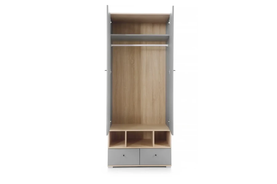 Moderner Kleiderschrank in Grau und Eiche, geöffnet mit Blick auf Kleiderstange und Schubladen.