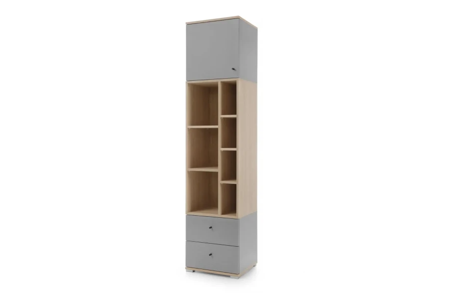 Moderner Hochschrank in Grau und Eiche-Optik, geschlossene Front, schmales Design für Flur oder Bad.