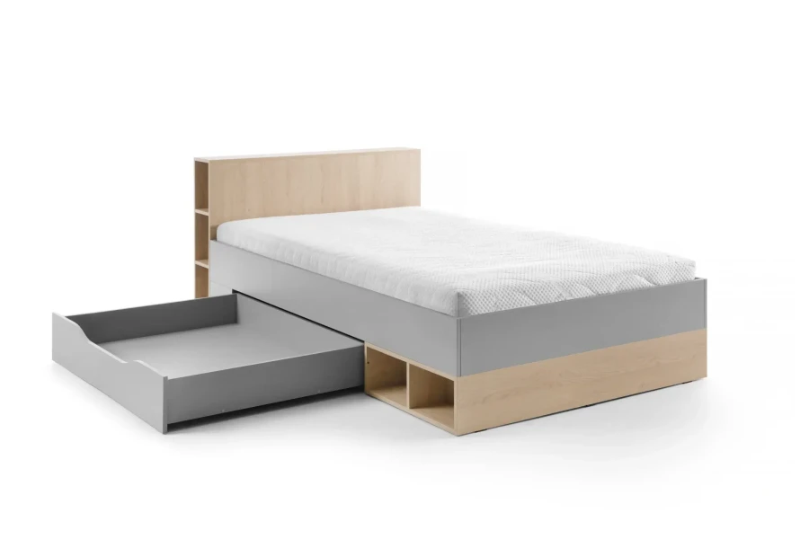 Funktionsbett mit ausziehbarem Bettkasten für Stauraum oder Gästematratze, Grau-Eiche-Optik.