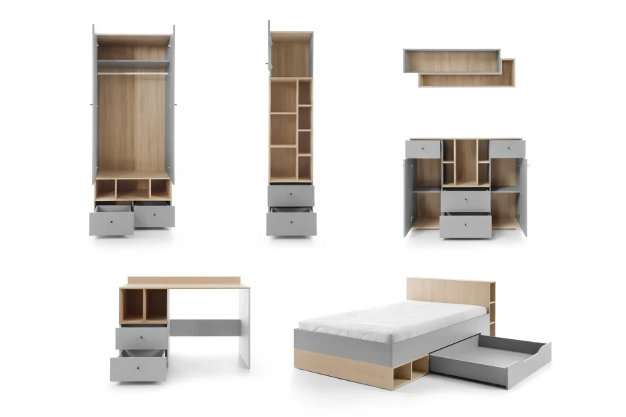 Jugendmöbel-Set mit viel Stauraum durch offene Fächer und Schubladen in modernem Grau-Eiche Design.
