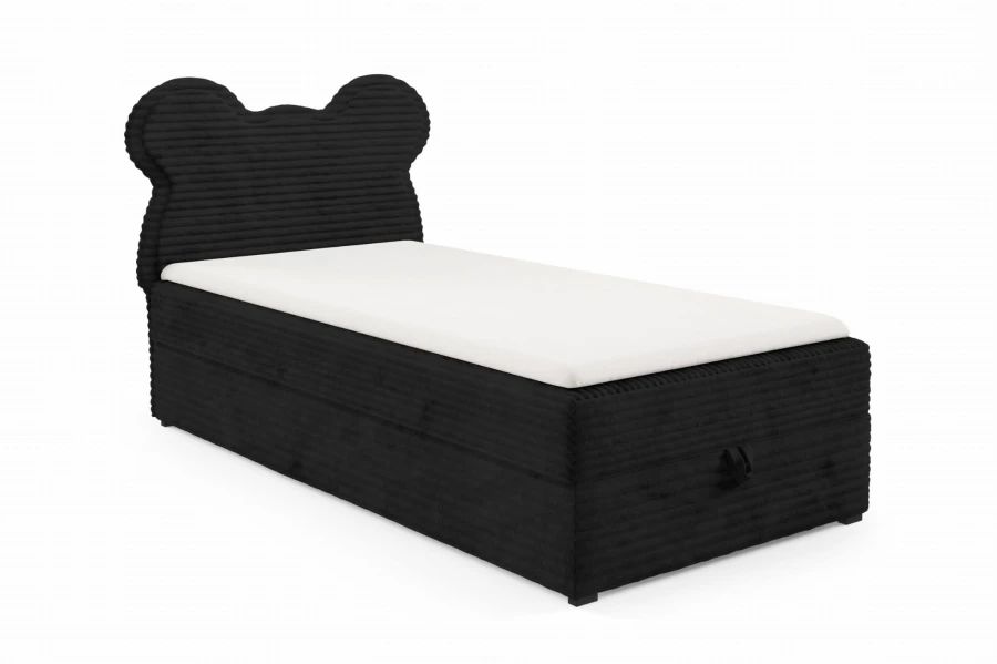 Schwarzes Polsterbett für Kinder aus Cord mit Mäuse-Kopfteil und Bettkasten