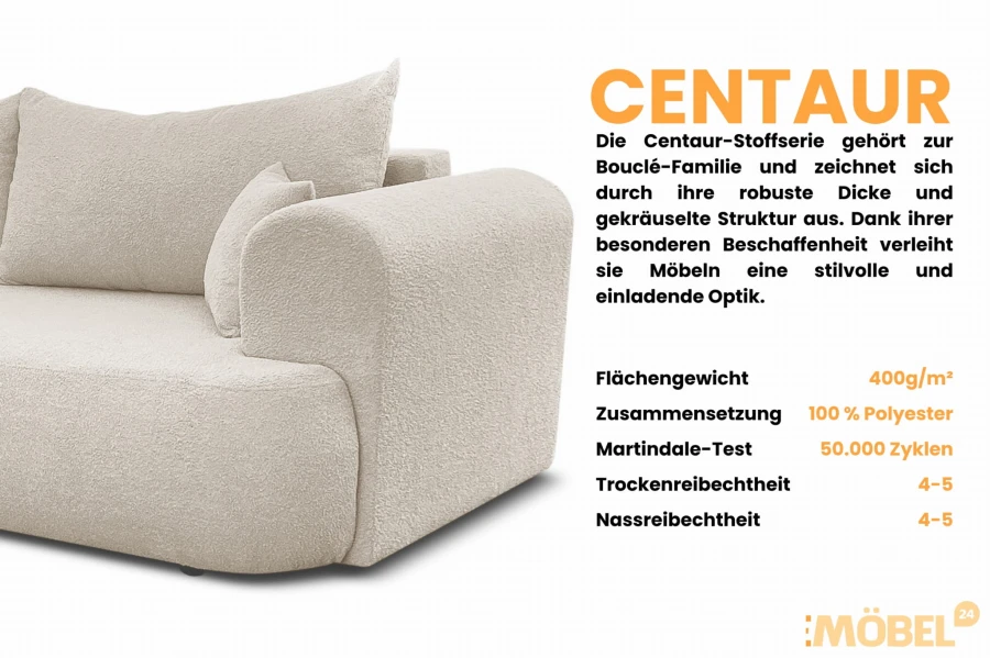 Eigenschaften der Centaur Bouclé-Stoffserie: Robuster Polsterstoff in eleganter Optik.