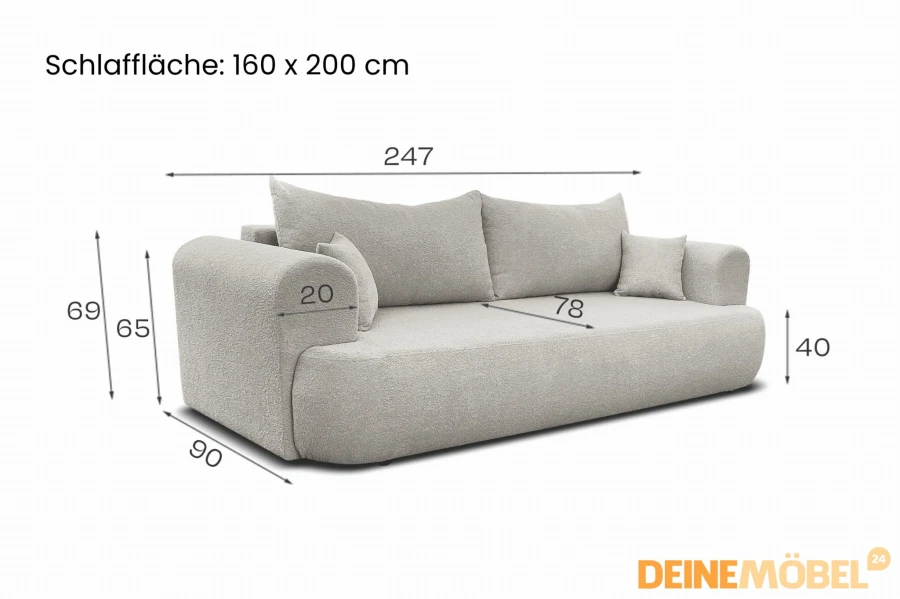 Maße des Bouclé-Sofas: 247 cm Breite und eine großzügige Schlaffläche von 160x200 cm.
