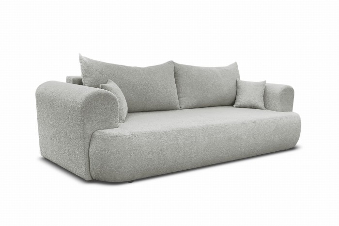 Modernes 3-Sitzer Sofa in Hellbeige mit weichem Bouclé-Bezug und abgerundetem Design.