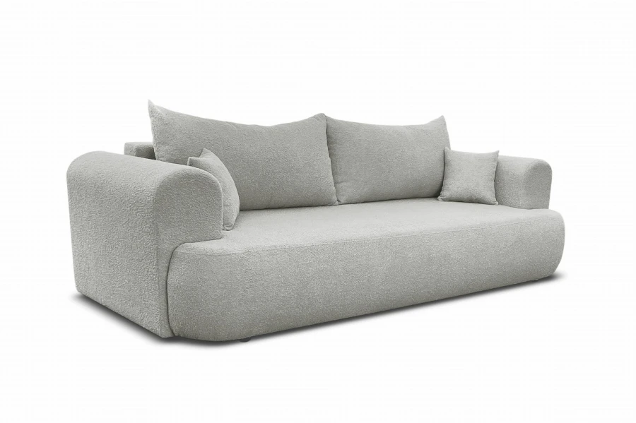 Modernes 3-Sitzer Sofa in Hellbeige mit weichem Bouclé-Bezug und abgerundetem Design.