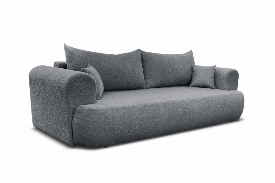 Dunkelgraues Bouclé-Sofa mit moderner Optik und hochwertiger Polsterung.