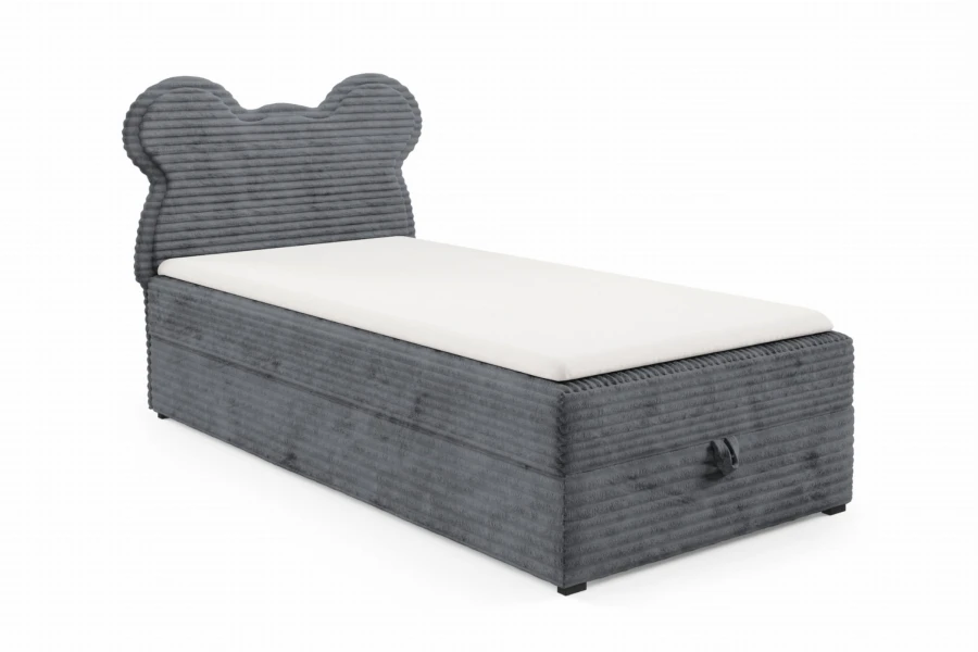 Grey children's box spring bed Teddy with bear-shaped corduroy headboard.
