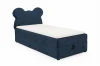 Dunkelblaues Boxspring-Kinderbett mit Kordbezug und niedlichem Bären-Kopfteil.