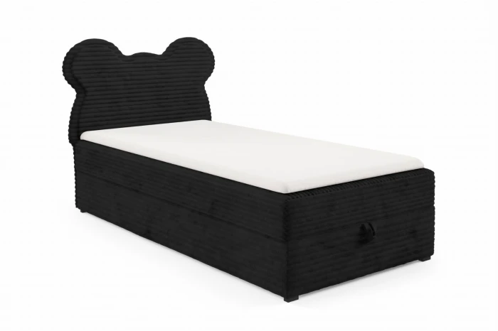 Modernes Boxspringbett Teddy in Schwarz mit weichem Cord-Bezug und Bären-Kopfteil für Kinder.