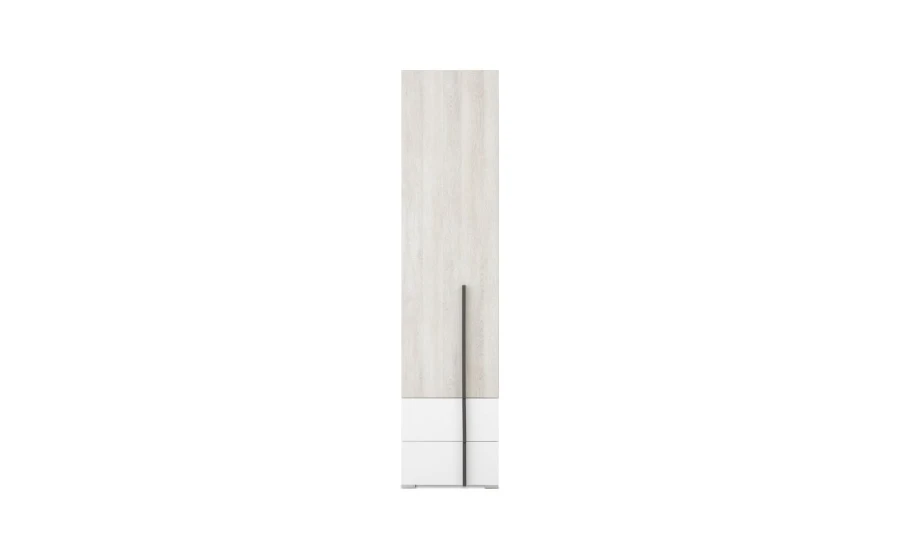Schmaler Schrank in Eiche-Optik und Weiß mit schwarzem Griff für das Schlafzimmer.