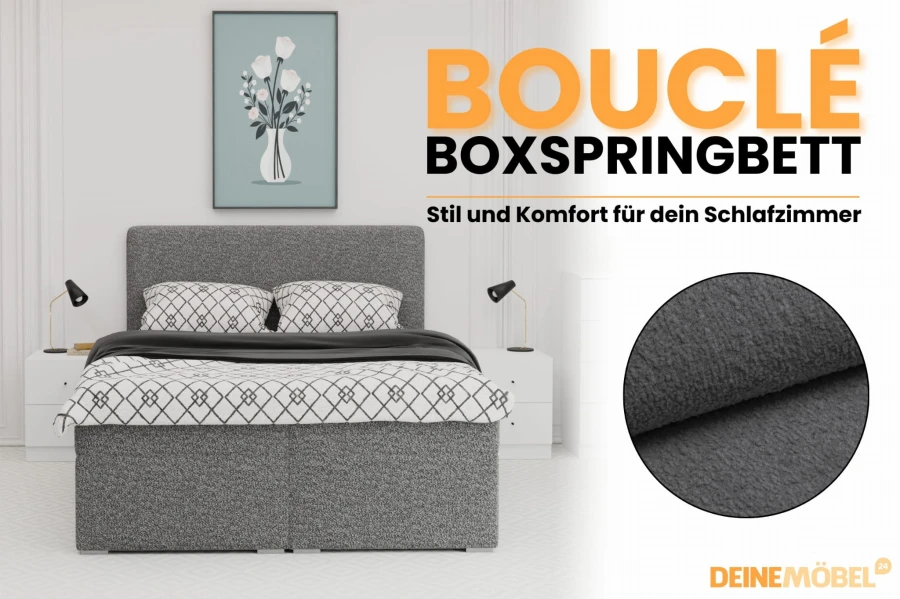 Graues Bouclé Boxspringbett für Stil und Komfort im Schlafzimmer von DeinE-Möbel24.