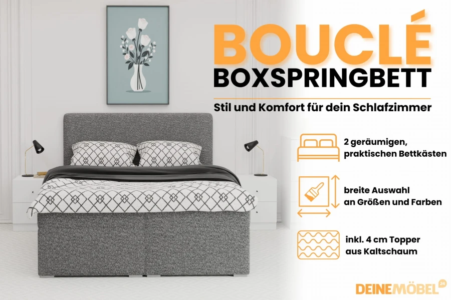 Bouclé Boxspringbett mit Bettkasten, Kaltschaum-Topper und verschiedenen Größenoptionen.
