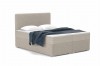 Boxspringbett in Beige mit Bouclé-Bezug, zwei weißen Kissen und blauer Decke für ein modernes Schlafzimmer.