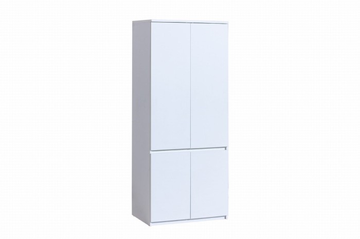 Moderner weißer Mehrzweckschrank mit vier grifflosen Türen für das Büro.