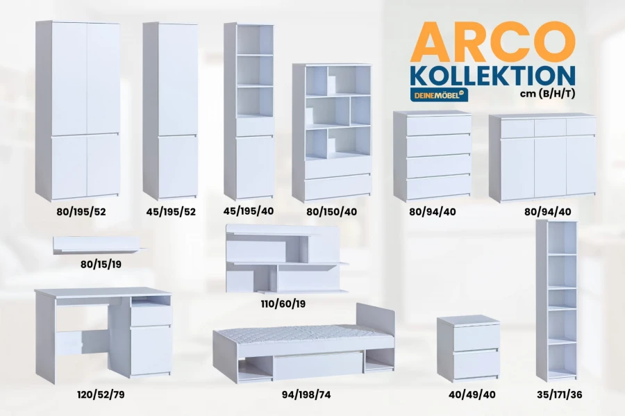 Komplette Arco Möbel-Serie in Weiß: Schränke, Regale, Bett und Schreibtisch mit Maßen.