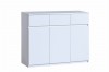 Modernes weißes Sideboard mit drei Türen und drei Schubladen in minimalistischem Design.