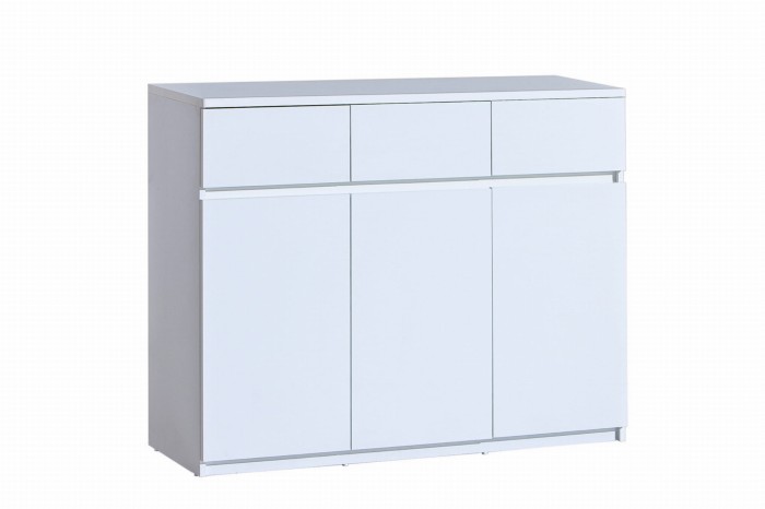 Modernes weißes Sideboard mit drei Türen und drei Schubladen in minimalistischem Design.