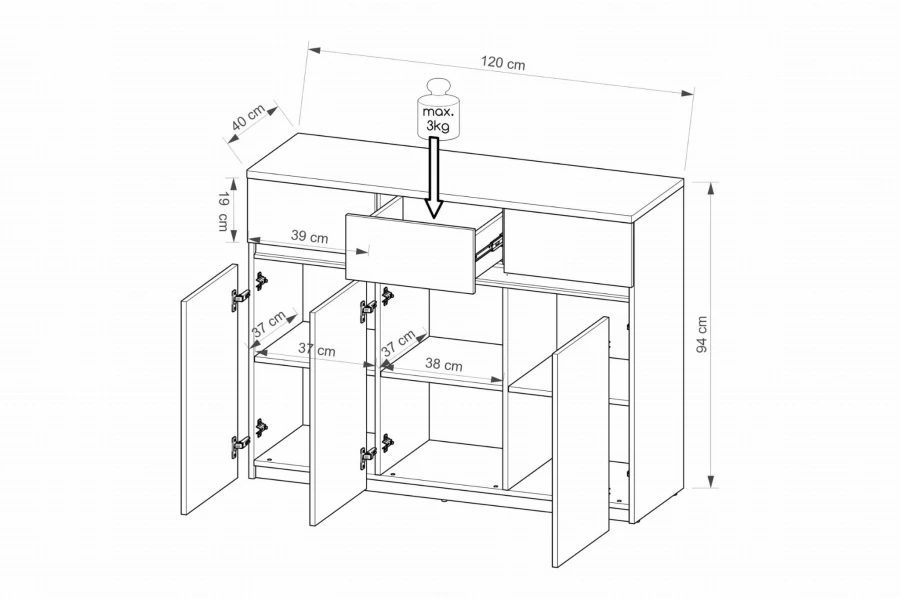 Detaillierte Maße und Abmessungen des Sideboards in einer technischen Übersicht.