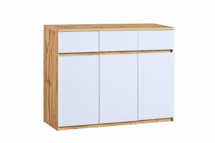 Kommode in Eiche-Nachbildung mit weißen Fronten für ein gemütliches Zuhause.