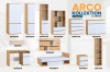 Übersicht der Arco Kollektion in Eiche-Weiß: Schränke, Regale, Schreibtisch und Bett mit Maßen.