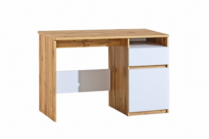Moderner Schreibtisch in Eiche-Optik mit weißen Schubladenfronten.
