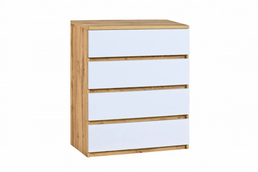 Moderne Kommode in Eiche-Optik mit vier weißen Schubladen für das Schlafzimmer.