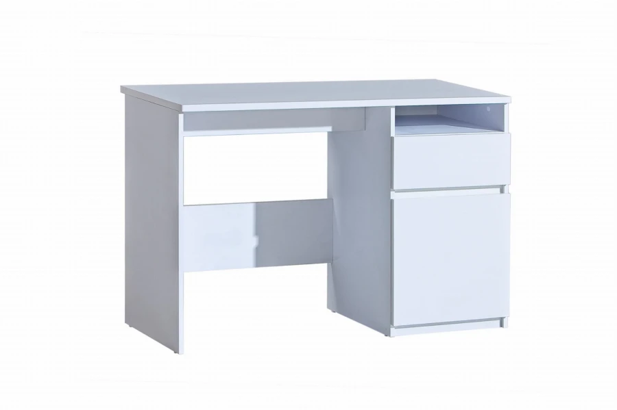 Moderner weißer Schreibtisch mit einer Schublade und einer Schranktür für das Home-Office.