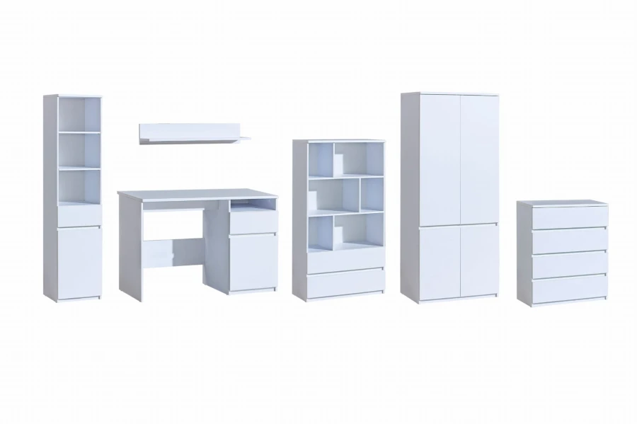 Komplettes Möbel-Set in Weiß: Schreibtisch, Kleiderschrank, Regale und Kommode für Jugendzimmer.