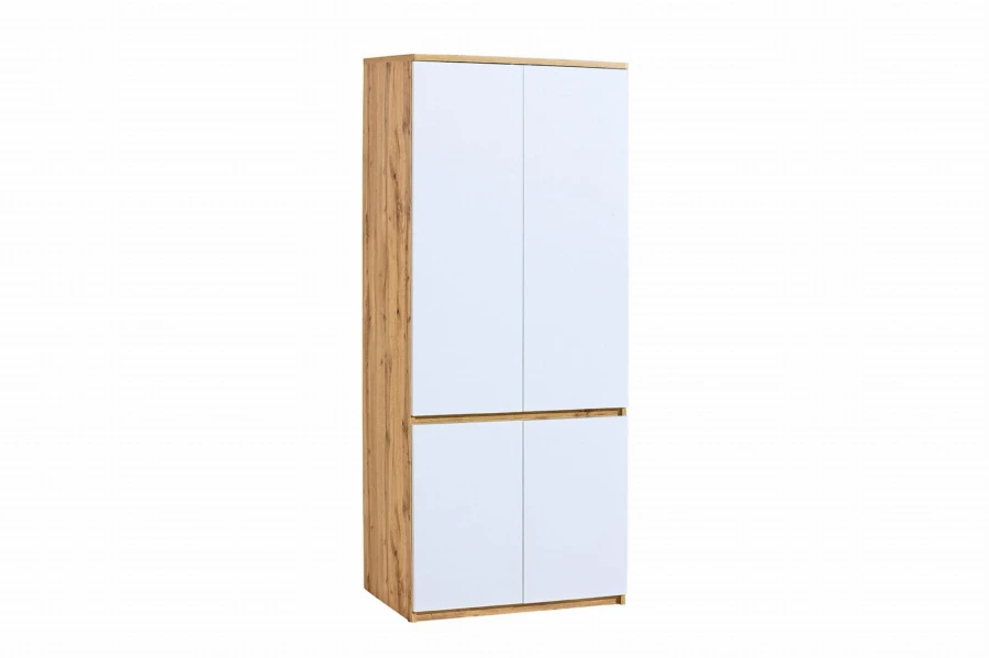 Kleiderschrank in Eiche-Nachbildung mit weißen Fronten, moderner Zweitürer für Schlaf- oder Jugendzimmer.