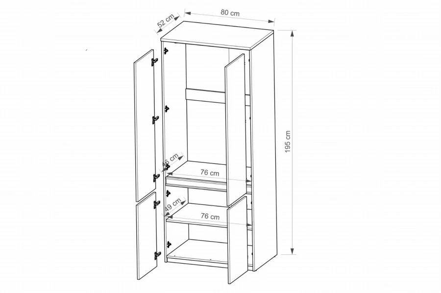 Maßzeichnung Kleiderschrank: 80 cm Breite, 195 cm Höhe, 52 cm Tiefe mit Innenraum-Details.