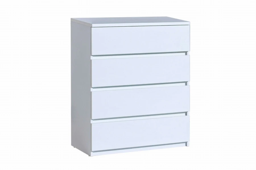 Minimalistische weiße Kommode mit vier Schubfächern, ideal für Büro oder Schlafzimmer.