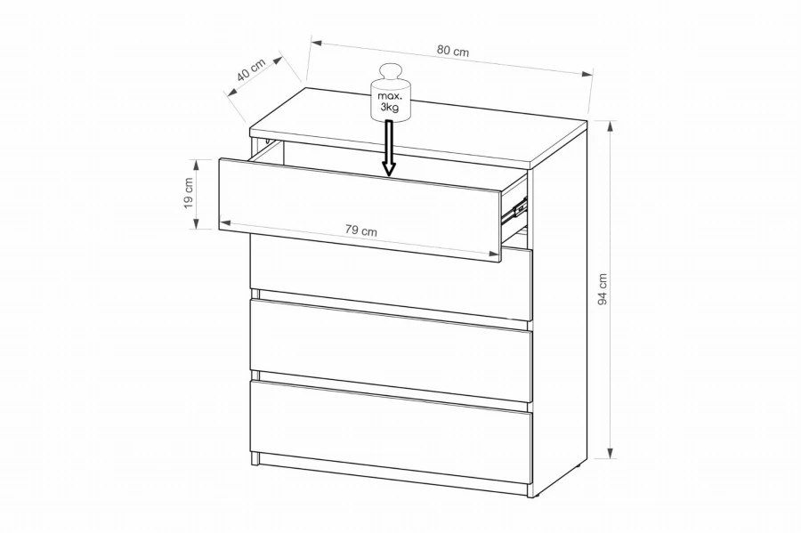 Technische Zeichnung Kommode Weiß mit 4 Schubfächern, Maße 80x94x40 cm und Traglast-Informationen.