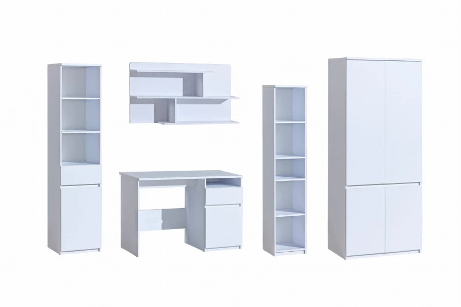Complete meubelset in wit met bureau, kledingkast en staande rekken.