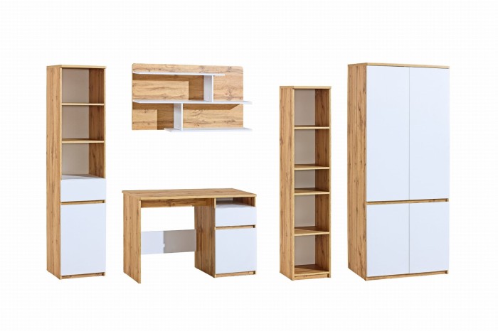Set aus Arco Möbeln in Eiche und Weiß: Kleiderschrank, Schreibtisch und Wandregal für das Jugendzimmer.